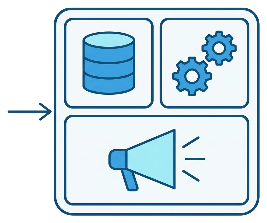 A smart contract container holding stored state, functions, and an outward broadcast for events. An external call enters from the left.