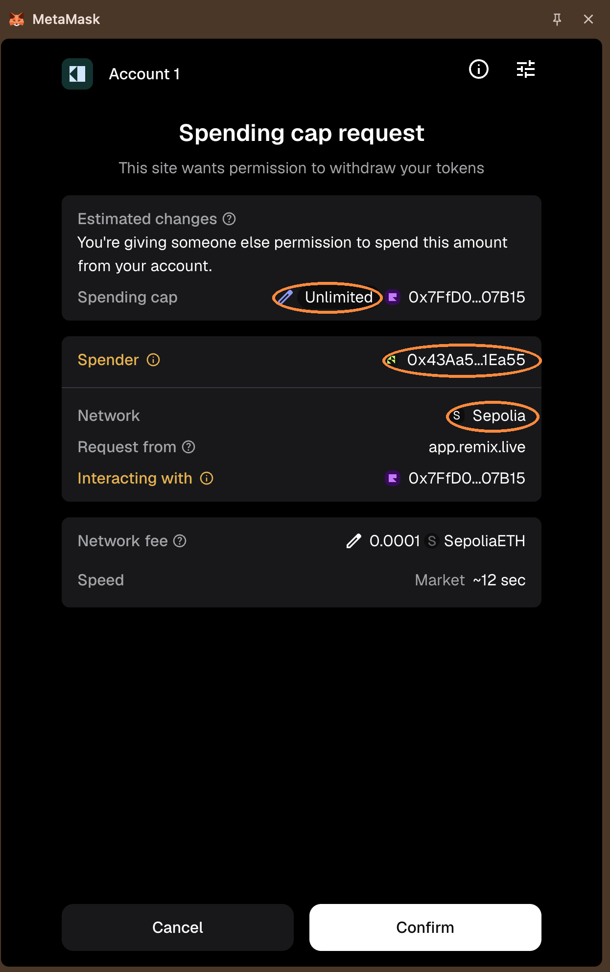 A MetaMask spending cap request on the Sepolia test network. It reads "This site wants permission to withdraw your tokens" and grants an unlimited spending cap on a test token to a contract address. The unlimited cap, the spender address and the network are each circled.