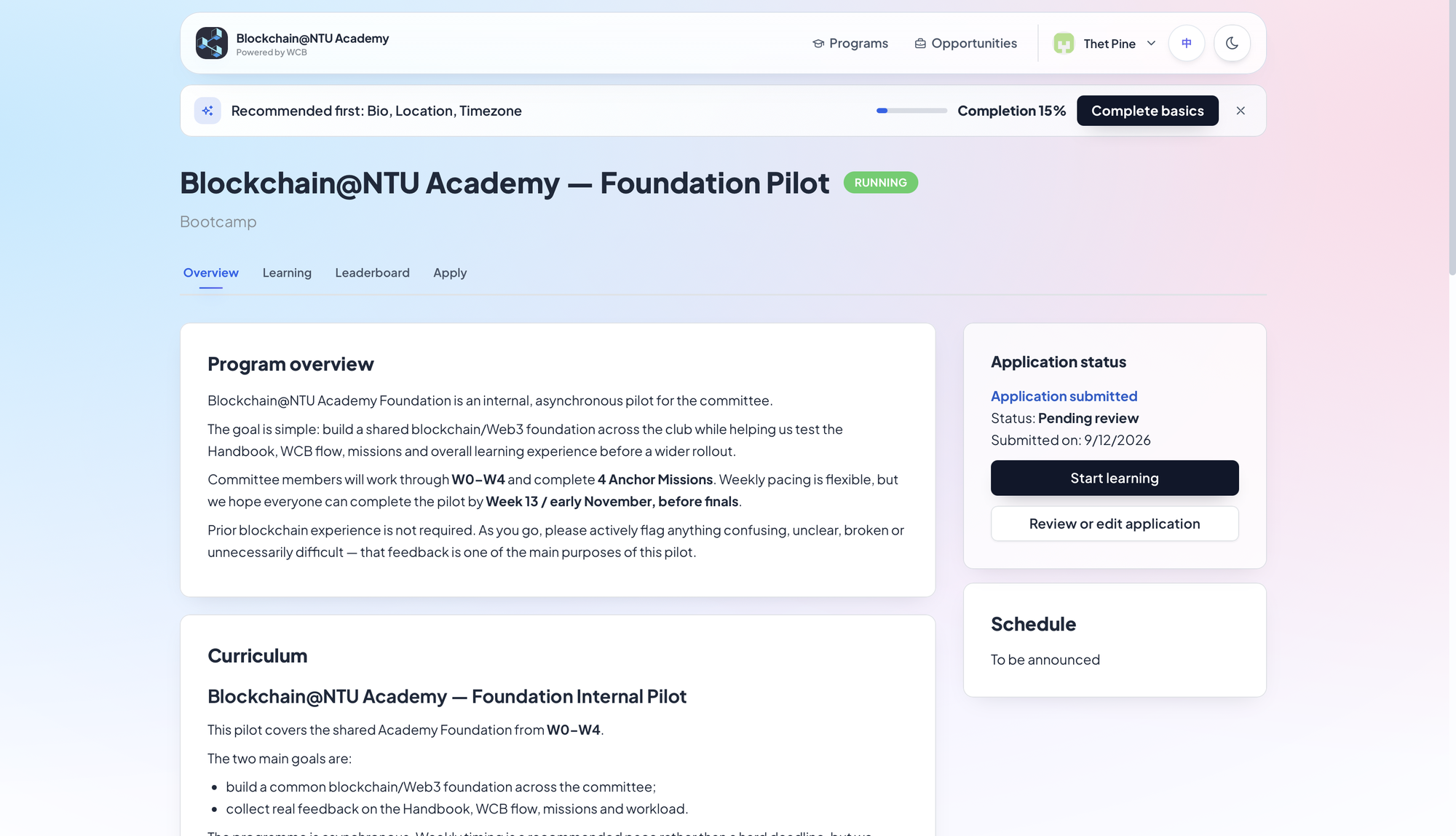 The Blockchain@NTU Academy learning page in WCB, showing the Learning panel with the recommended reading order, handbook links and current task.