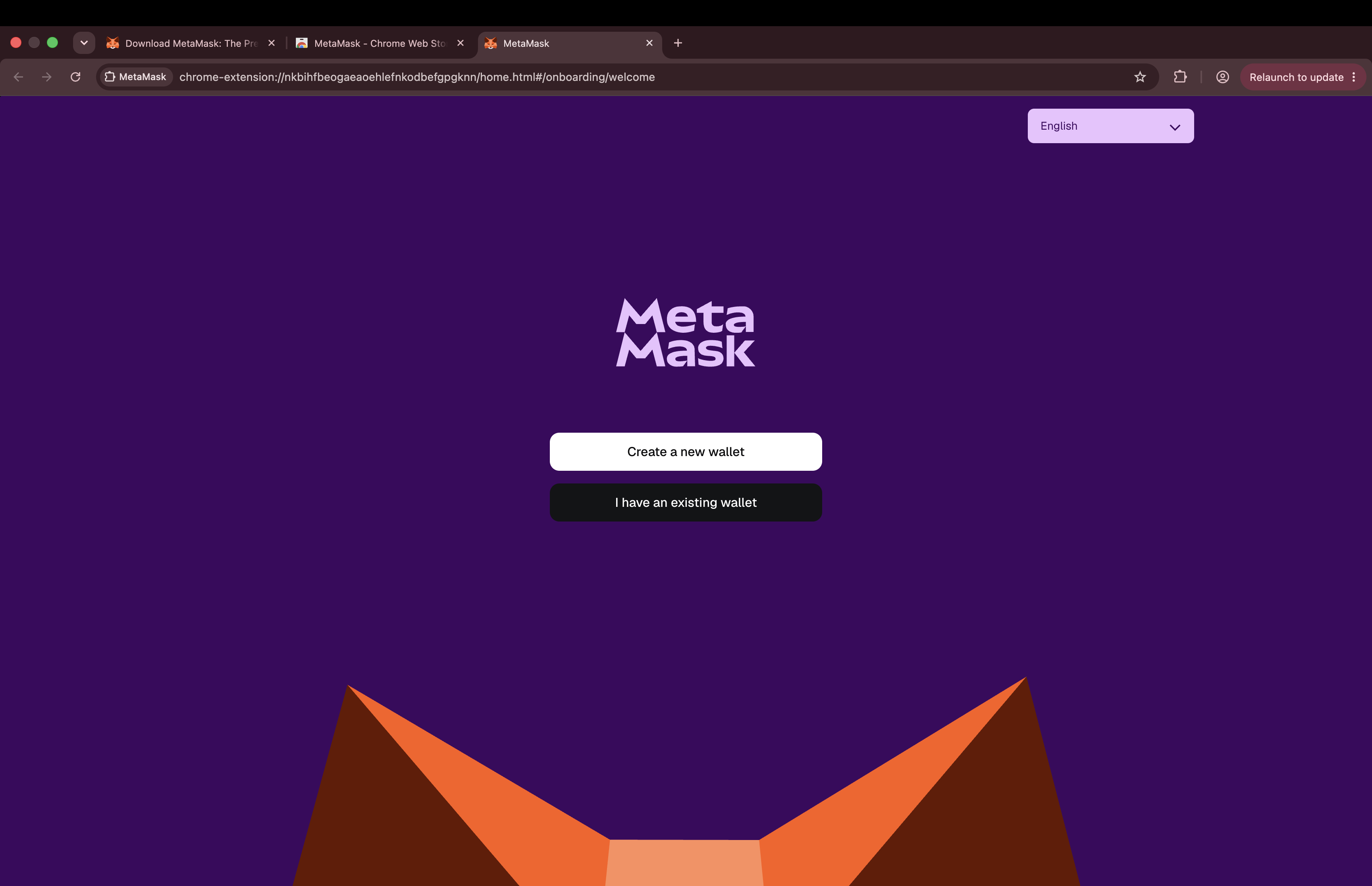 The MetaMask onboarding welcome screen, offering Create a new wallet or I have an existing wallet.