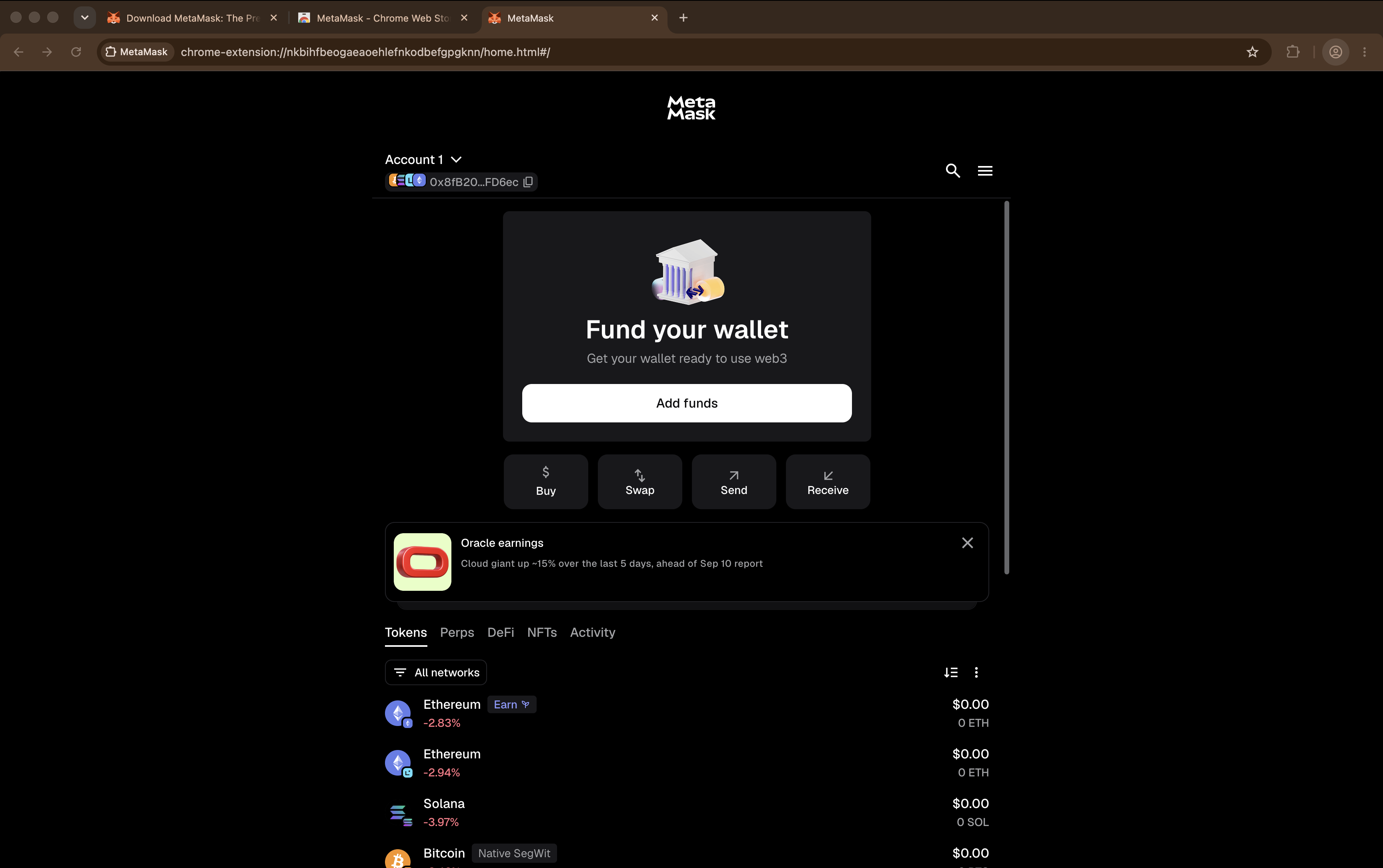 The MetaMask wallet home screen after setup, showing a single account and a balance of 0 ETH on Ethereum Mainnet.