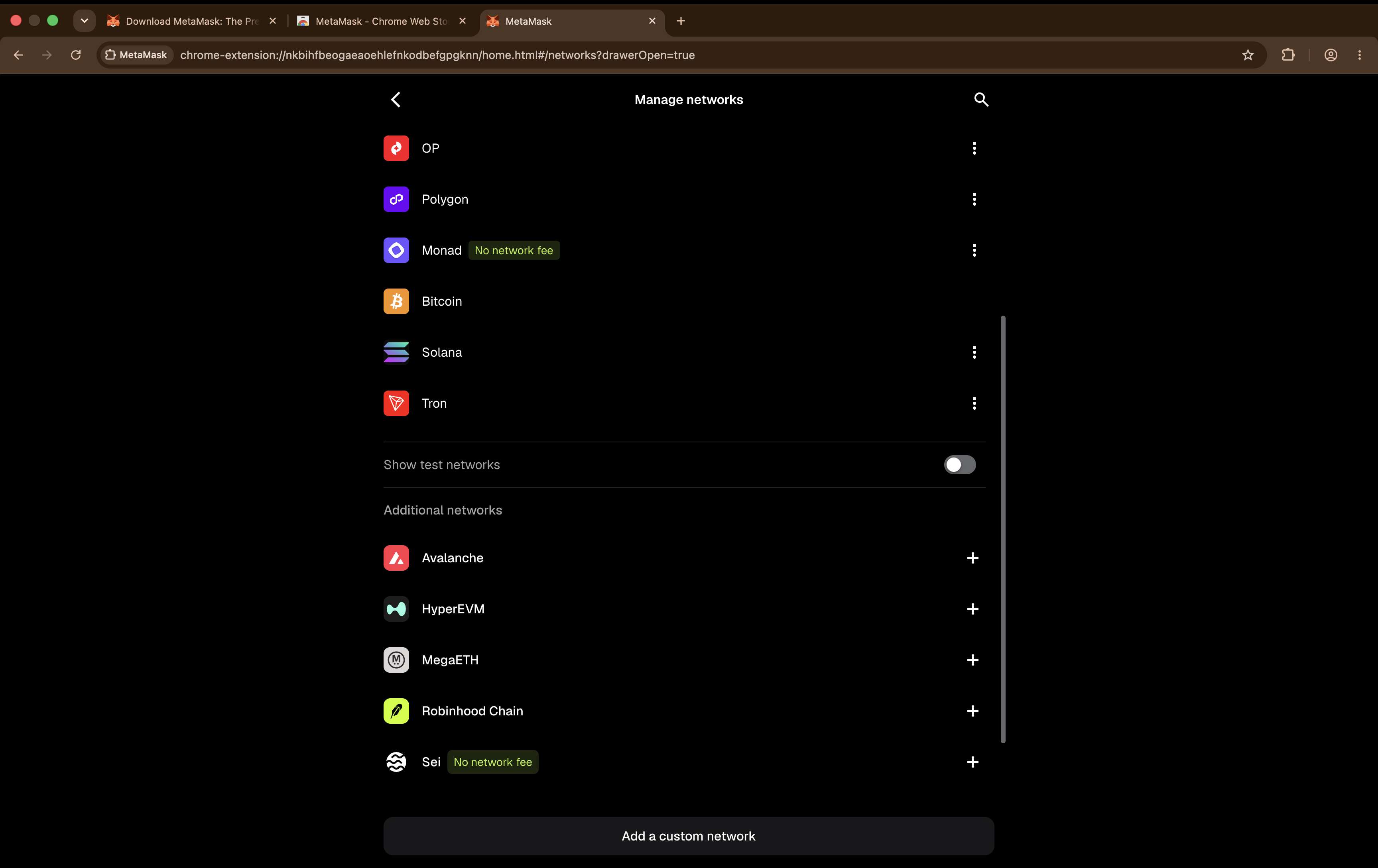 MetaMask's Manage networks screen with the Show test networks toggle switched off, and no Sepolia in the list.