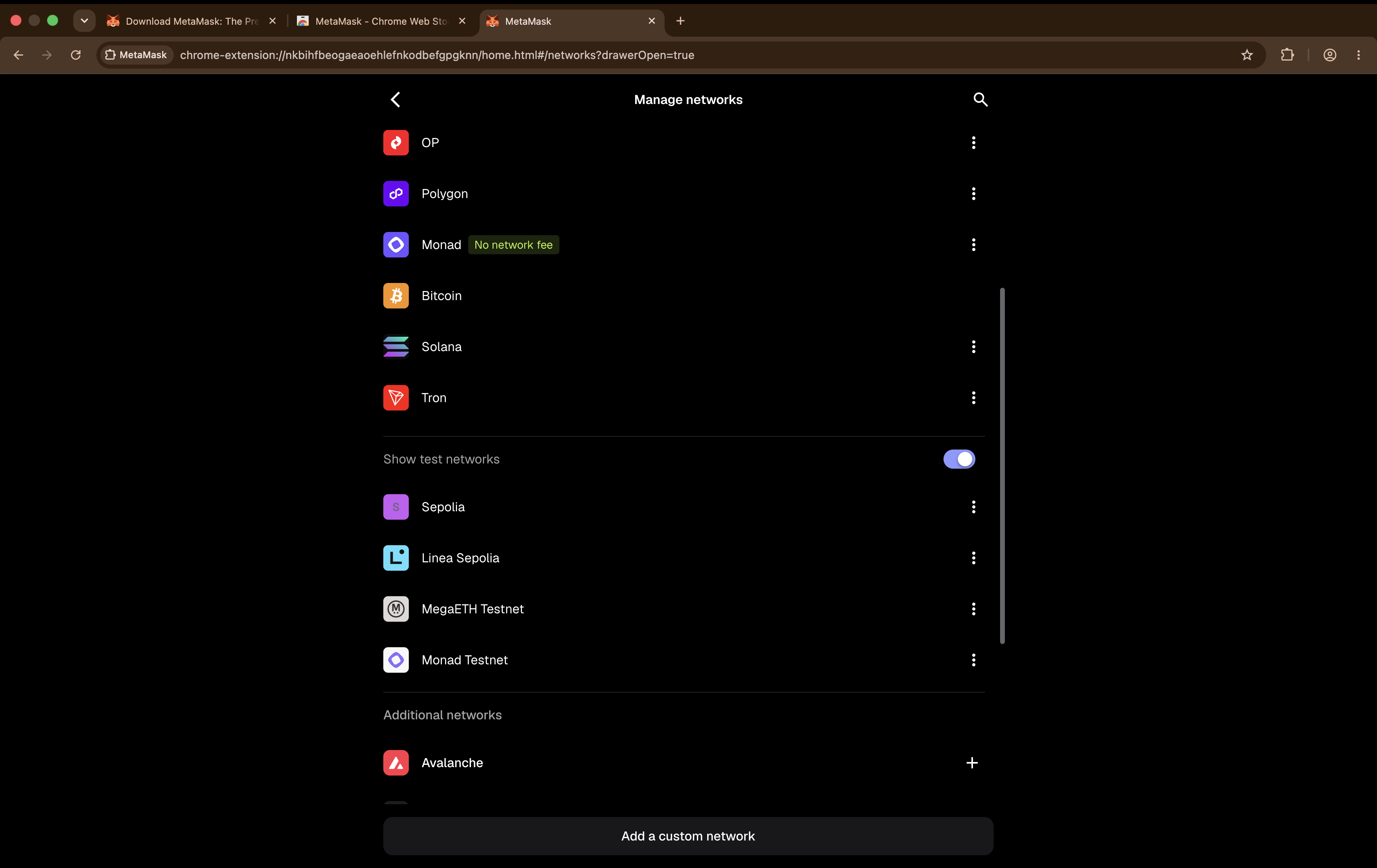 The same MetaMask Manage networks screen with the Show test networks toggle switched on and test networks now listed.