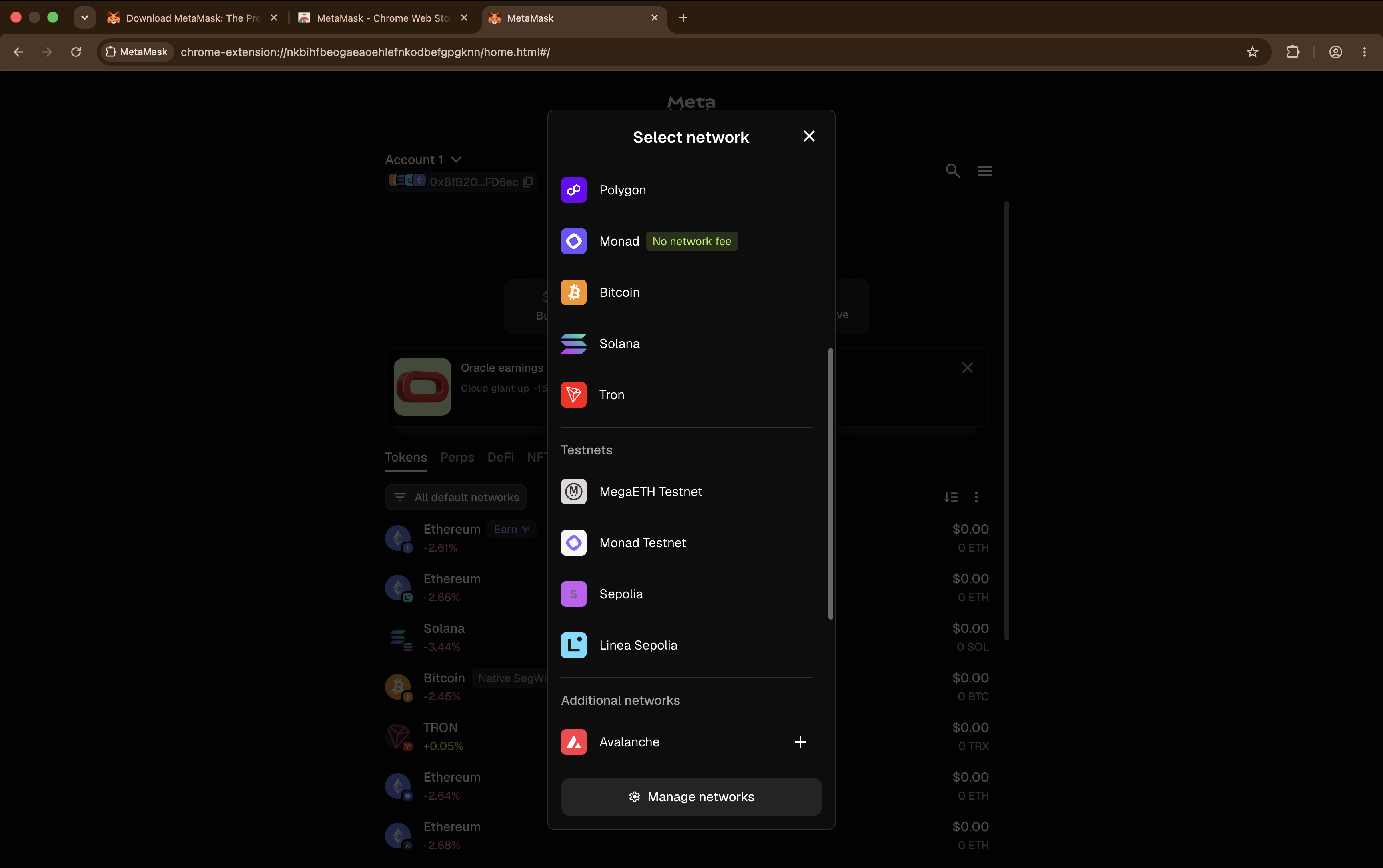The MetaMask network selector open, with Ethereum Sepolia listed among the available networks.