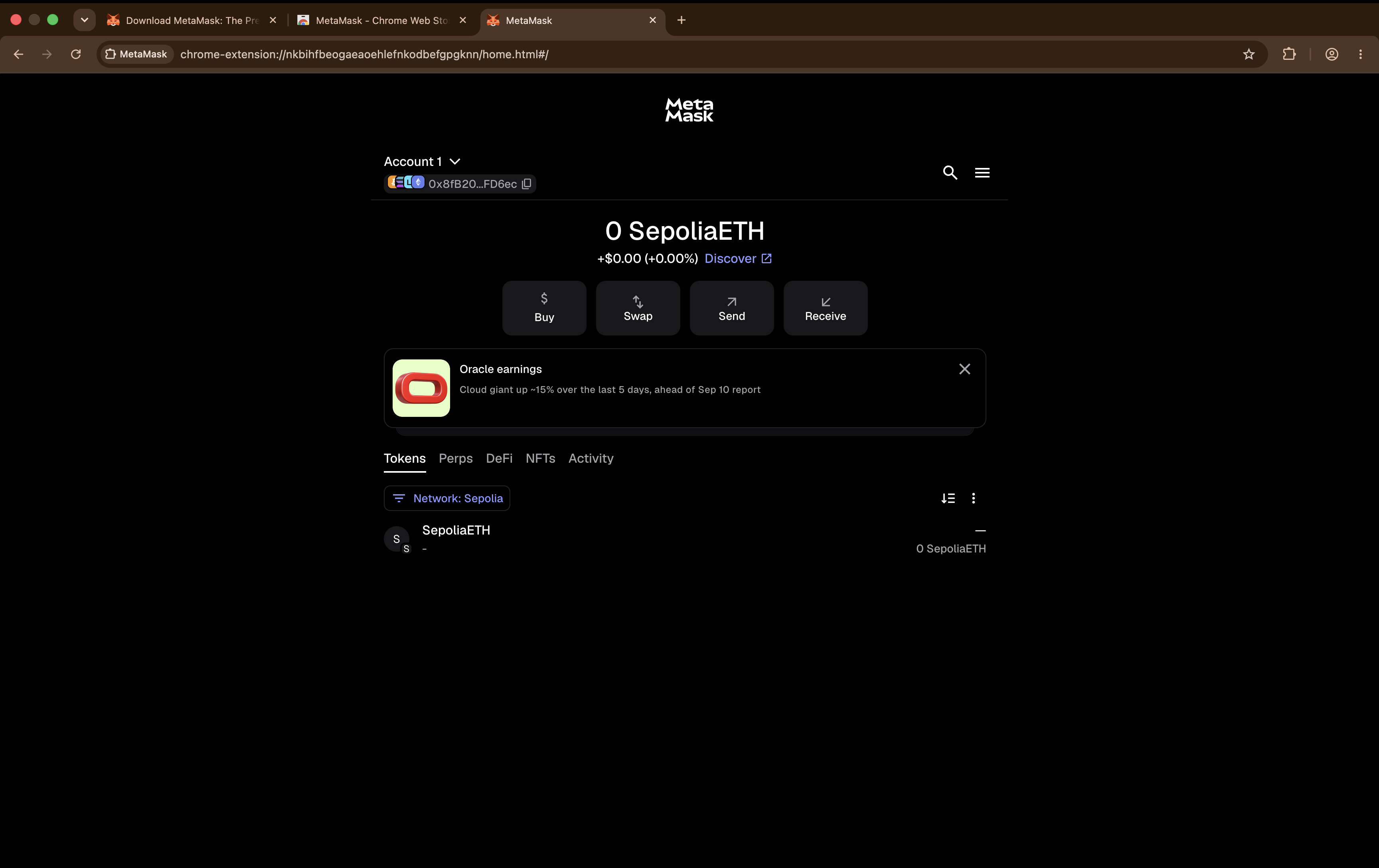 The MetaMask main screen with Sepolia active, showing a balance of 0 SepoliaETH.