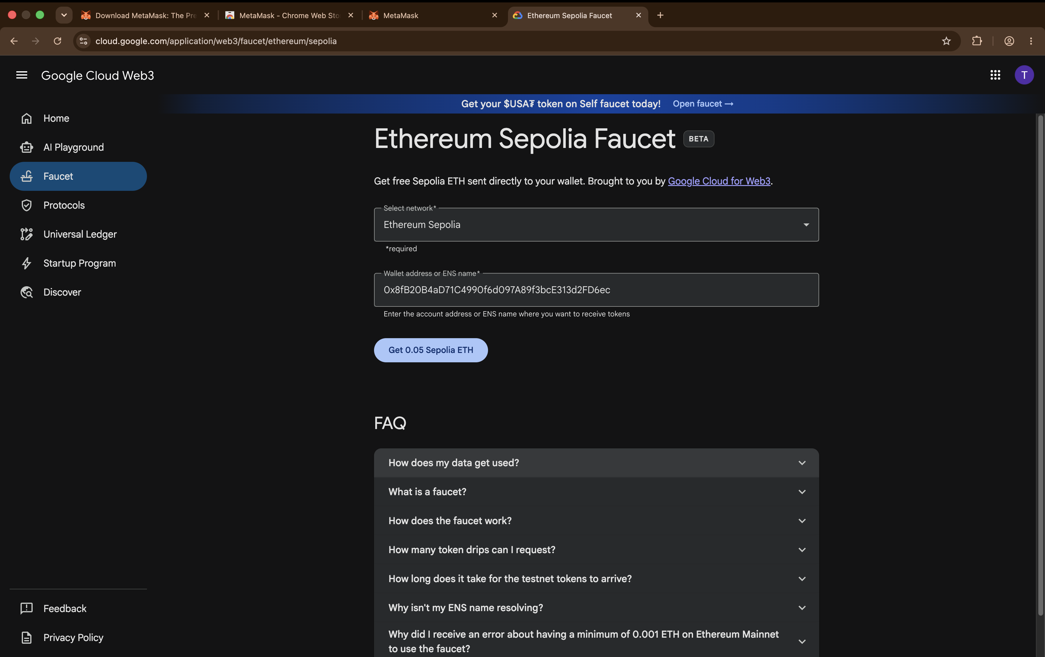 The Google Cloud Sepolia faucet with a wallet address pasted into the input field.