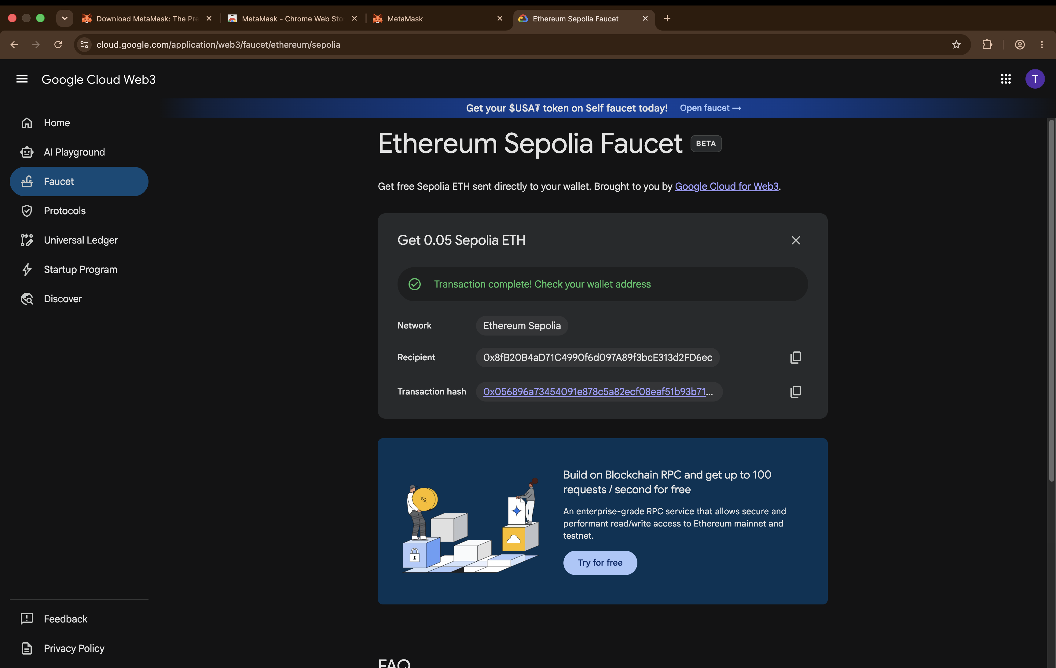The Google Cloud faucet showing a confirmation that SepoliaETH has been sent, with a link to the transaction.