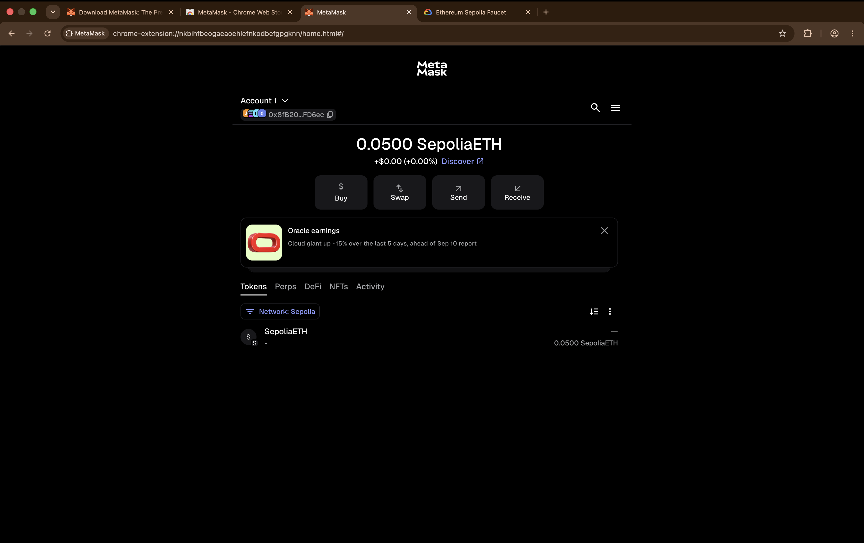 The MetaMask wallet showing a balance of 0.0500 SepoliaETH after the faucet request succeeded.