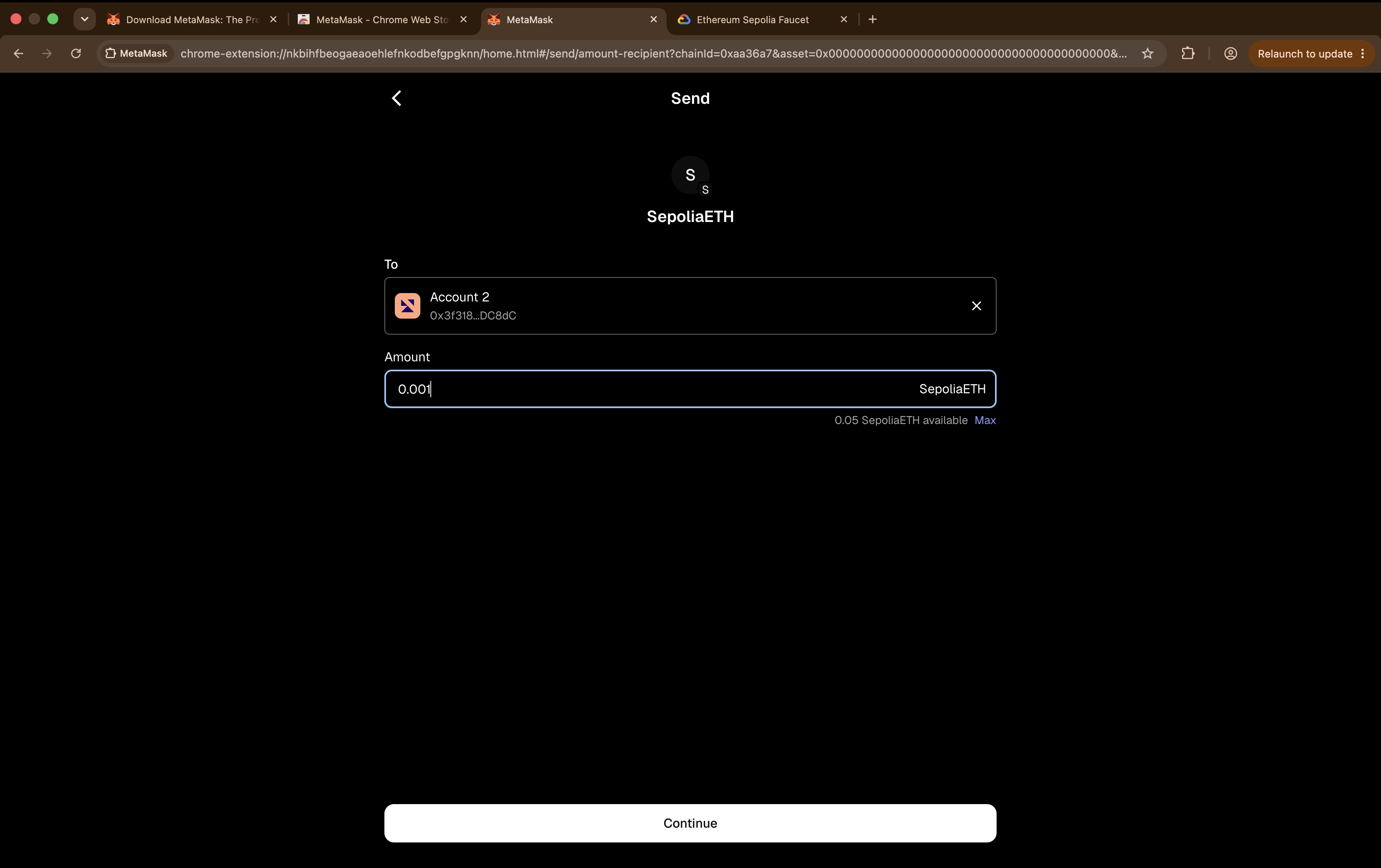 The MetaMask Send screen with a recipient account selected and an amount of 0.001 SepoliaETH entered.