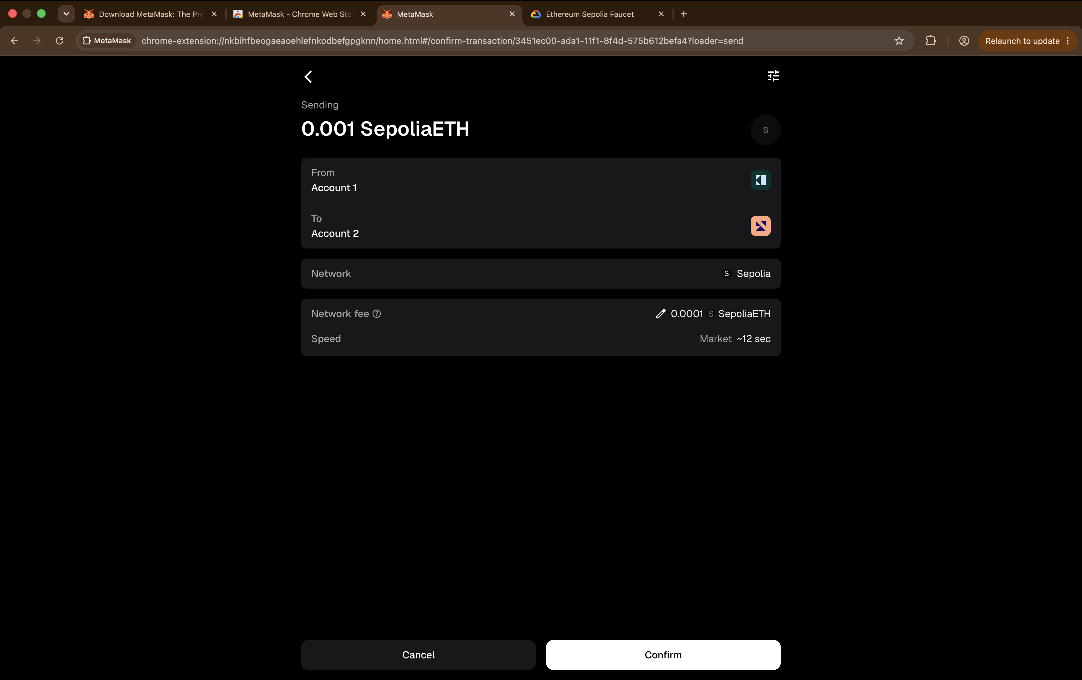 The MetaMask confirmation screen showing From, To, Network set to Sepolia, and the network fee.