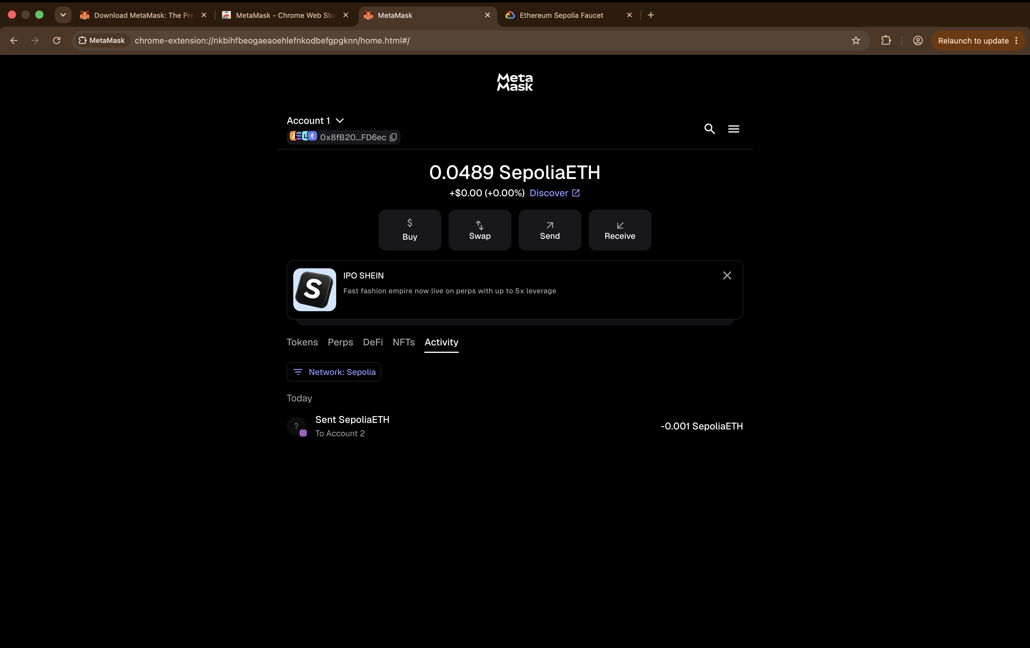 The MetaMask Activity tab listing the completed Sent SepoliaETH transaction.