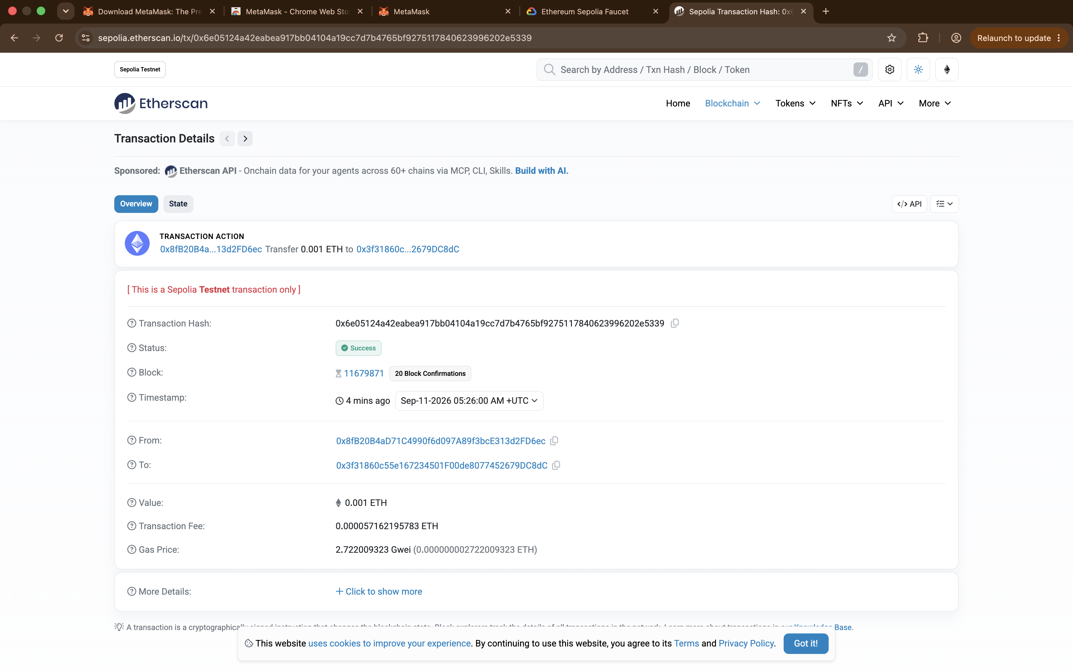 The transaction on Sepolia Etherscan, showing status, block, from, to and value.