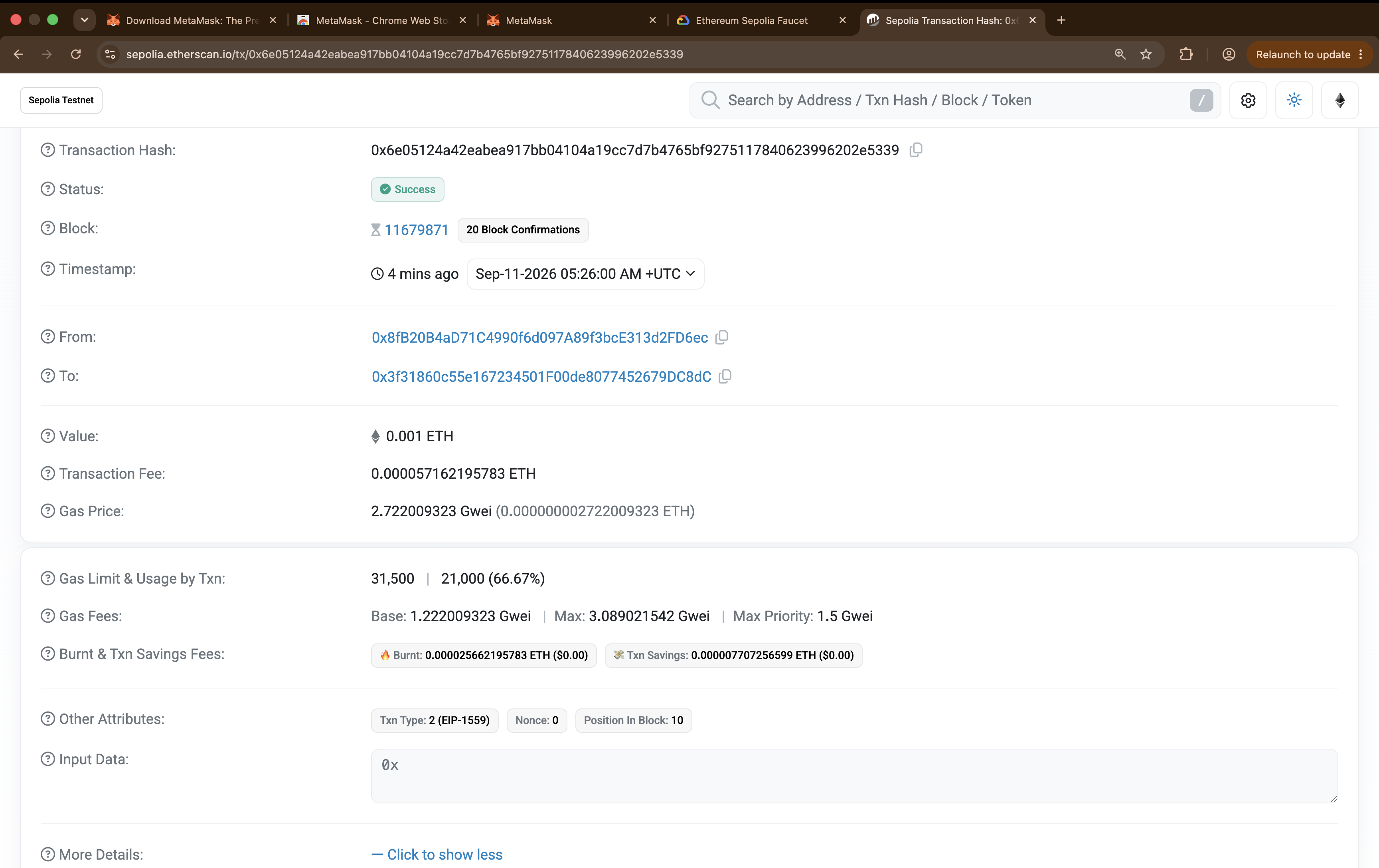 The expanded Etherscan transaction detail, showing gas limit and usage, nonce and input data.