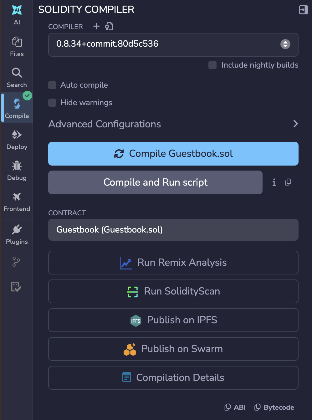 The Remix Solidity Compiler tab after a successful compile, showing the compiler version selector, the Compile Guestbook.sol button, Guestbook selected as the contract, and a green tick on the Compile icon.
