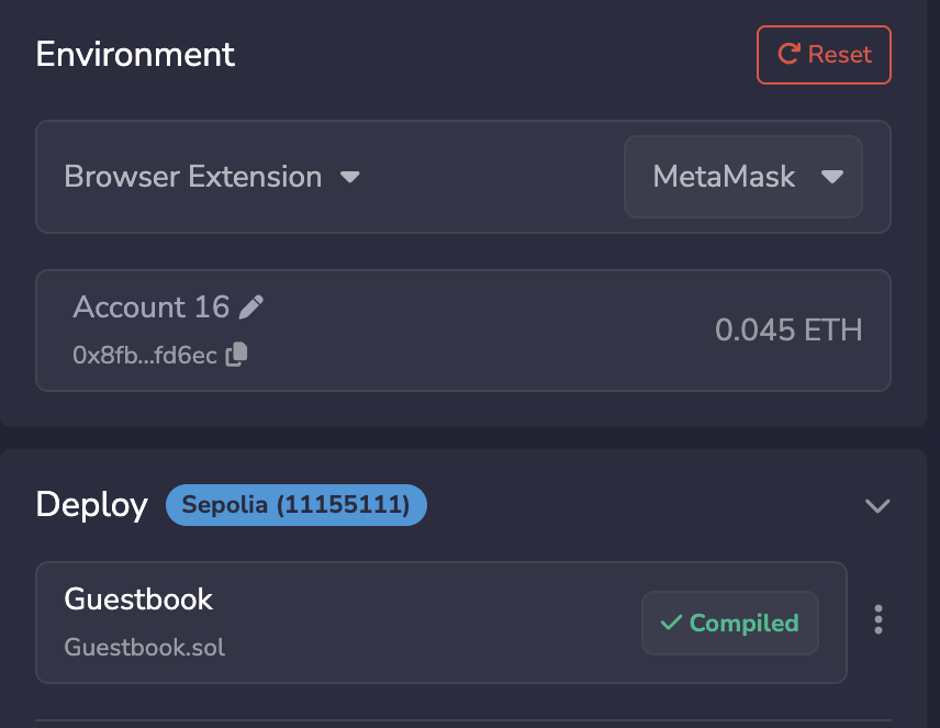 The Remix Deploy and Run panel with Browser Extension and MetaMask selected, showing Sepolia (11155111), the connected account and its testnet balance, and Guestbook marked as compiled.