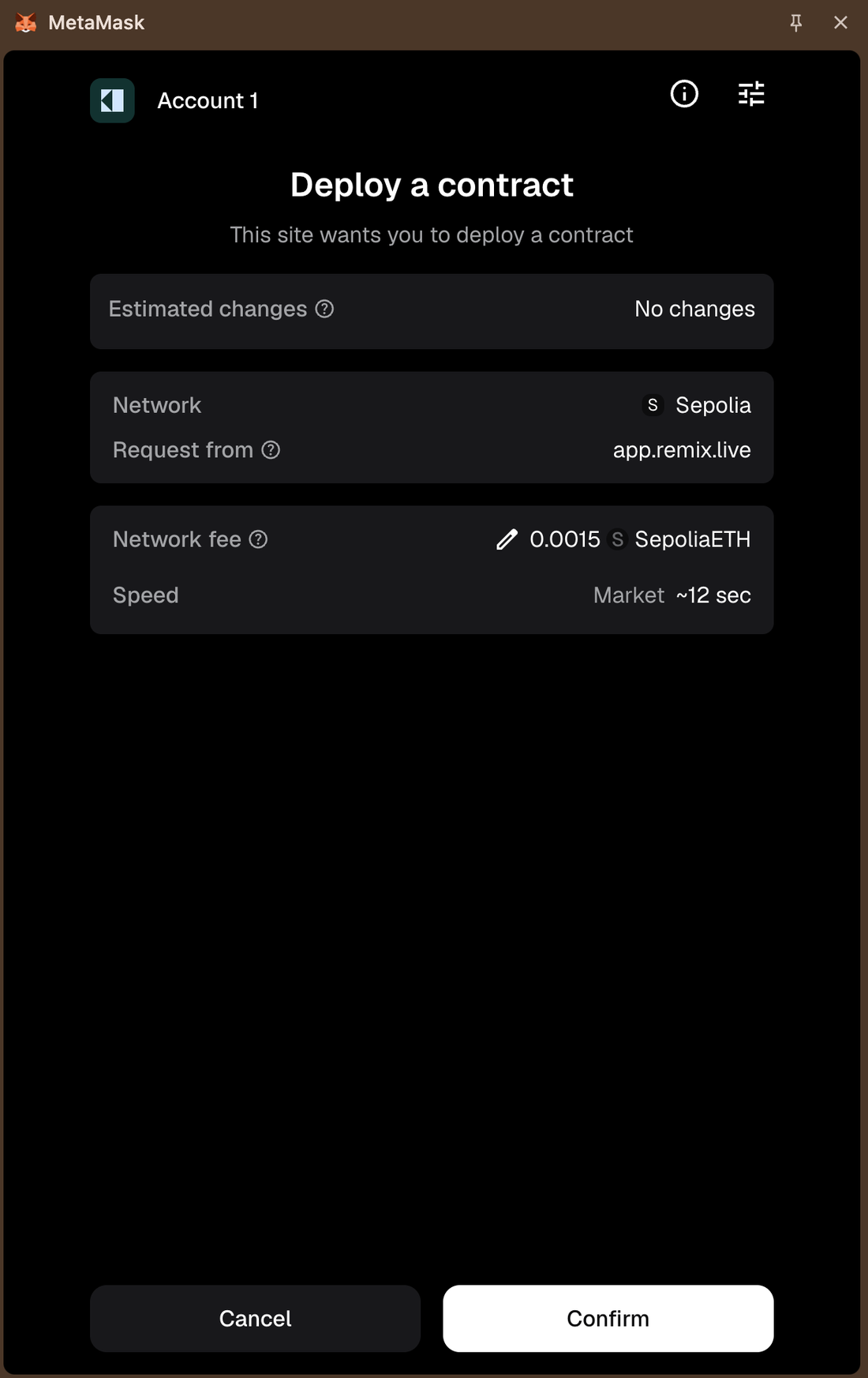 The MetaMask confirmation for a contract deployment, showing the network as Sepolia and the estimated network fee.