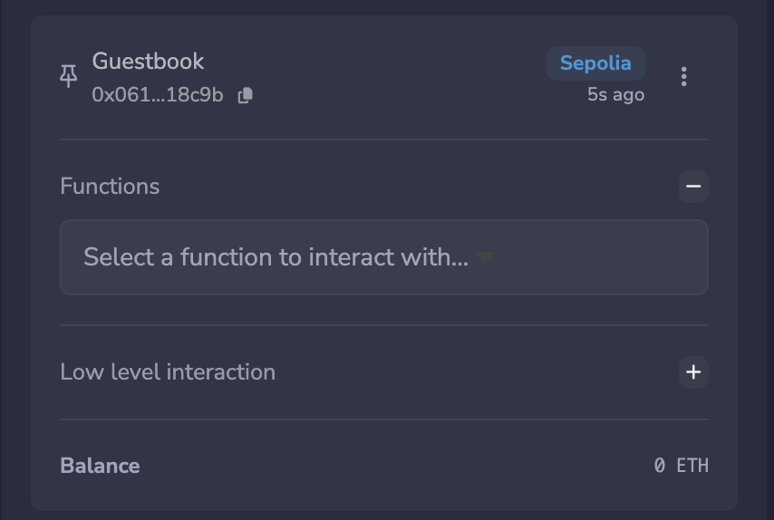 The Remix Deployed Contracts panel showing the deployed Guestbook contract, its address and a copy button, tagged Sepolia.