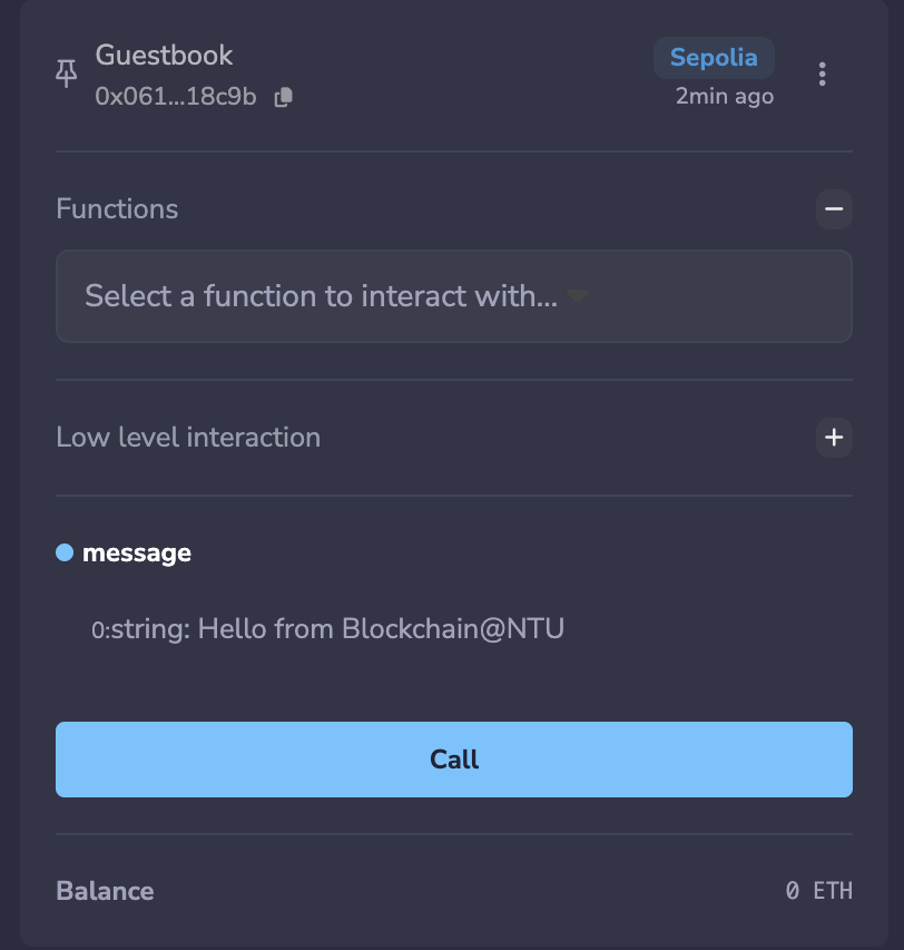The expanded Guestbook contract in Remix showing the blue message read function, the Call button, and the returned value 0: string: Hello from Blockchain@NTU.