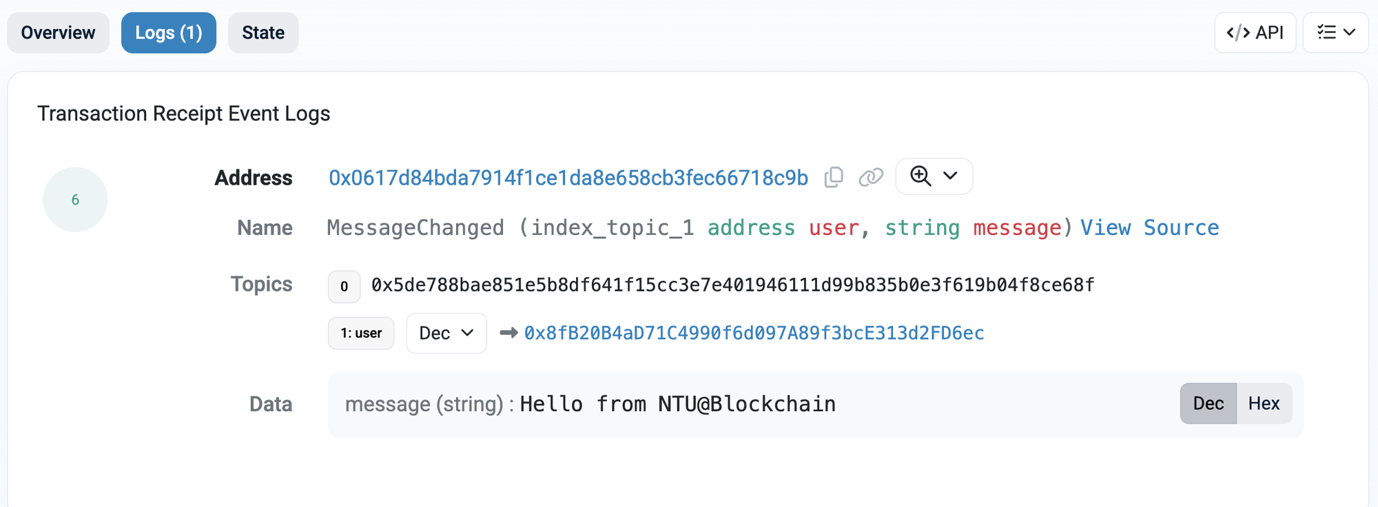 The Etherscan Logs tab for a setMessage transaction, showing one decoded MessageChanged event emitted by the Guestbook contract, the caller address as the indexed user topic, and the new message string in the data field.