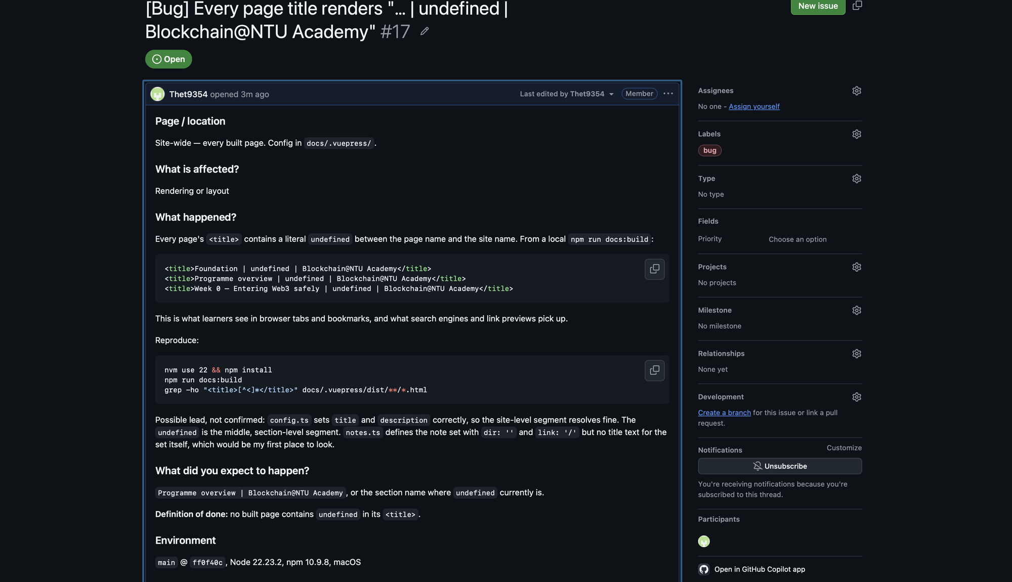 A GitHub Issue in the academy-handbook repository reporting that every built page title renders with a literal "undefined" in it. The Issue gives the location, what is affected, the evidence as a code block, reproduction steps, the expected result, a definition of done and the environment, and carries a bug label.