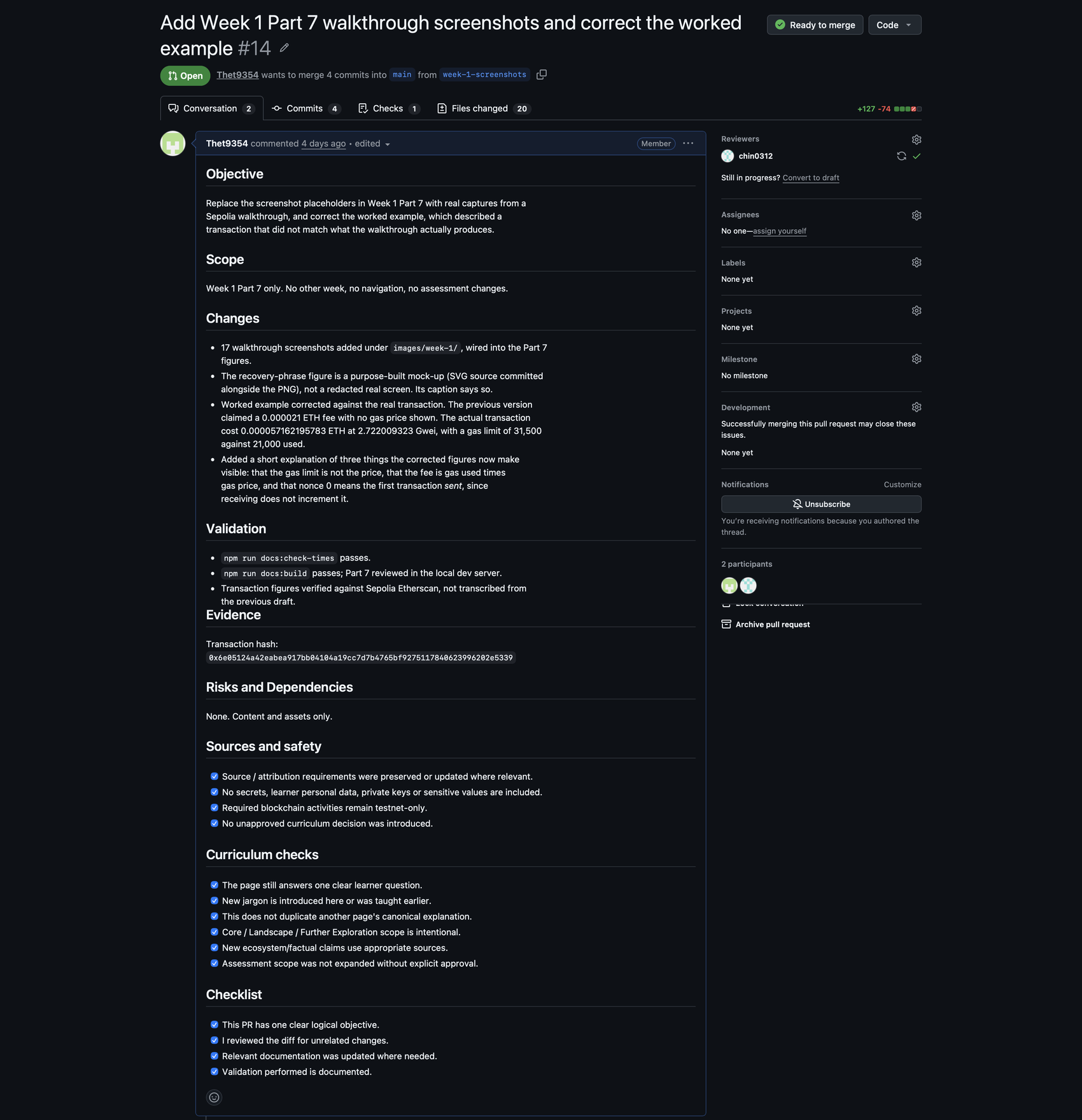 The description of a pull request in the academy-handbook repository, filled in against the repository's template. It states the objective, the scope, the changes as a short list, how the change was validated, the evidence, the risks, and ticked checklists for sources and safety and for curriculum checks.