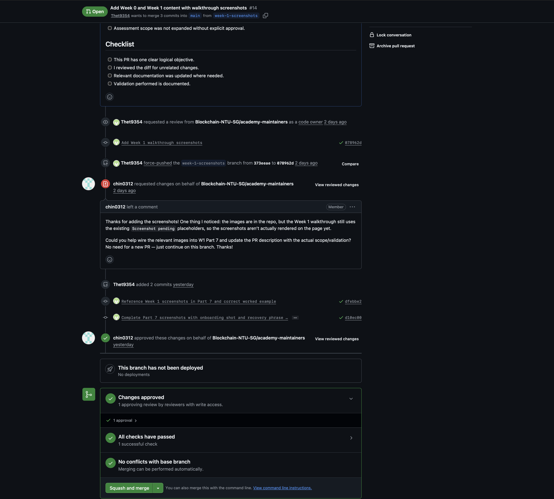 The conversation on a GitHub pull request in the academy-handbook repository. A reviewer requests changes and explains what is missing, the author then pushes two follow-up commits, the reviewer approves, and the merge panel shows one approval, all checks passed, no conflicts with the base branch and a Squash and merge button.