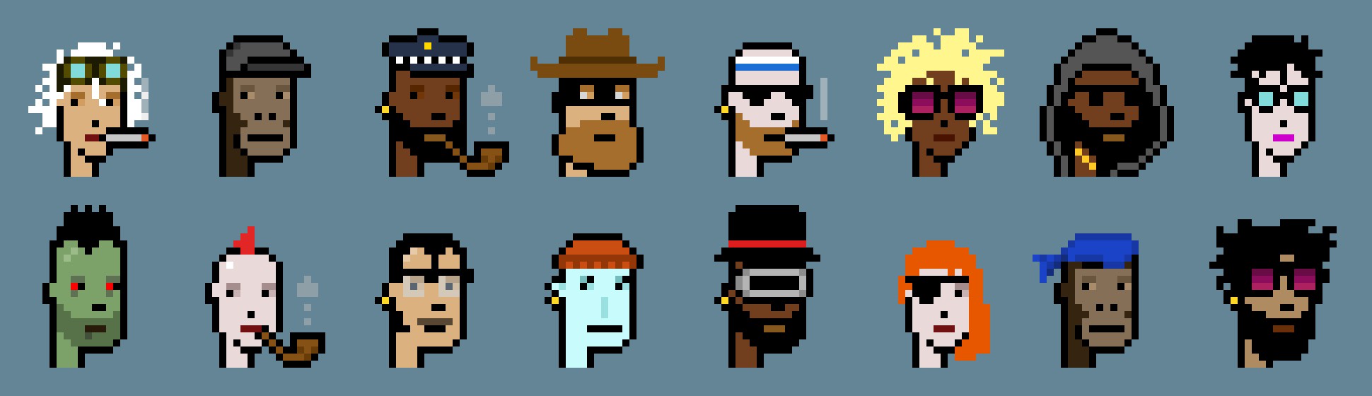 A strip of CryptoPunks pixel-art characters, an early example of a tokenised digital collection.