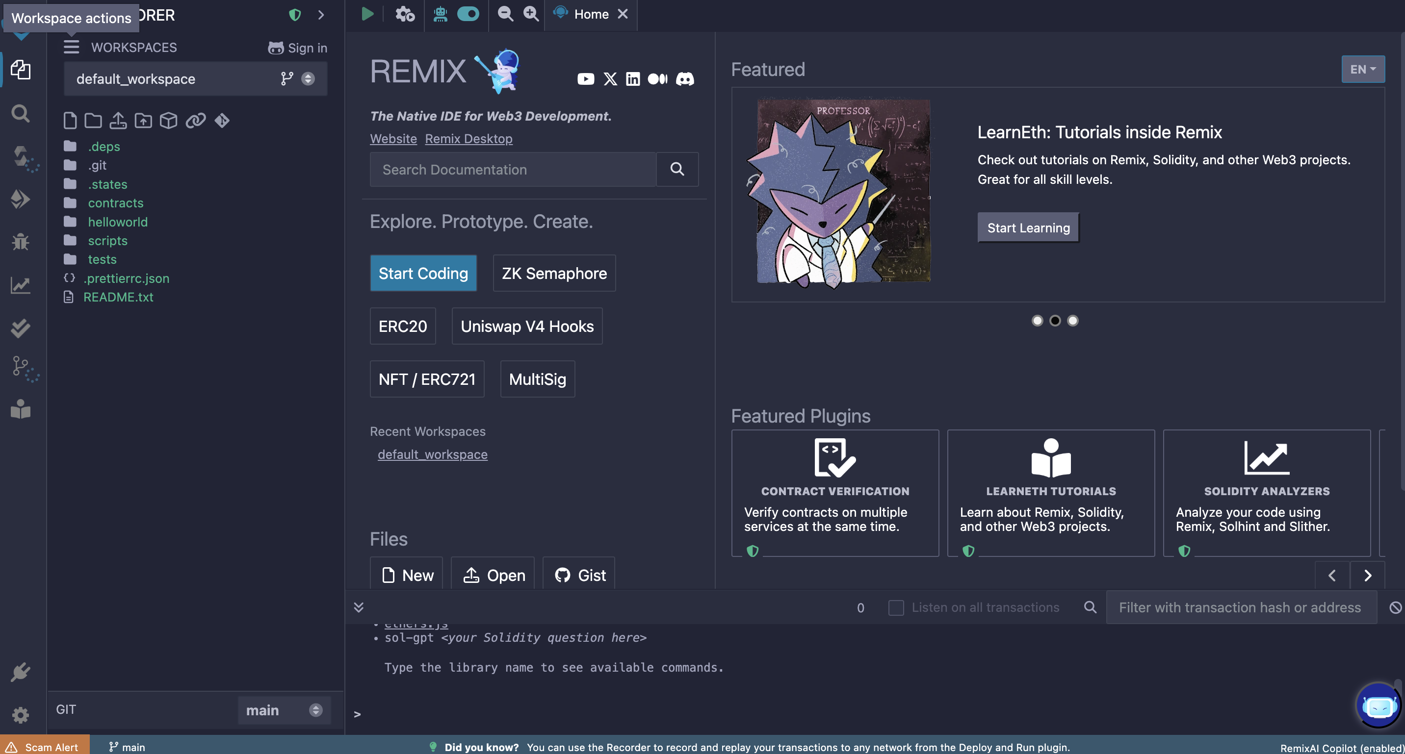 A Remix browser workspace showing the file explorer, editor and plugin panels.